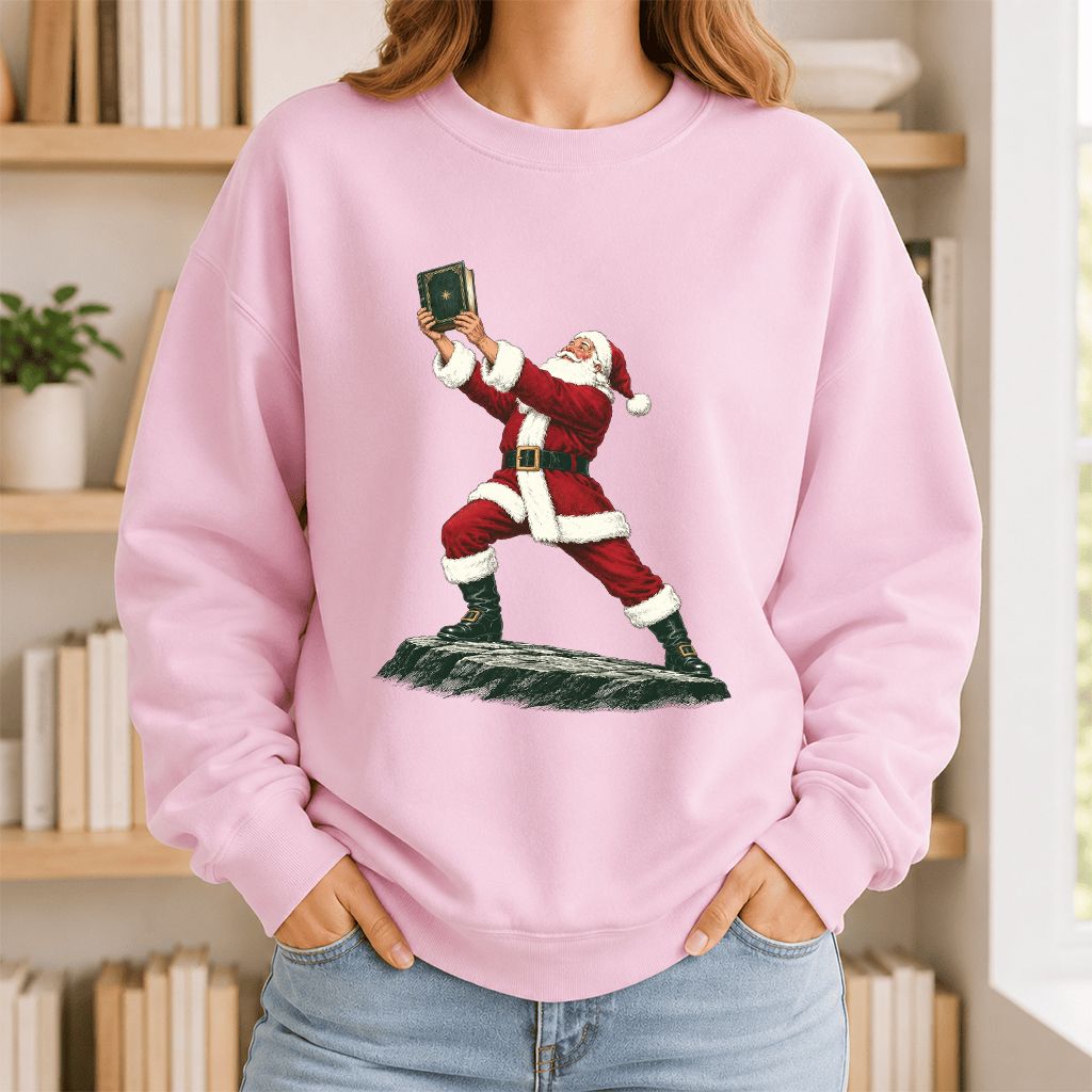 Santa Claus Holding Up A Green Book Printed Sweatshirt | Christmas Gift Light Pink