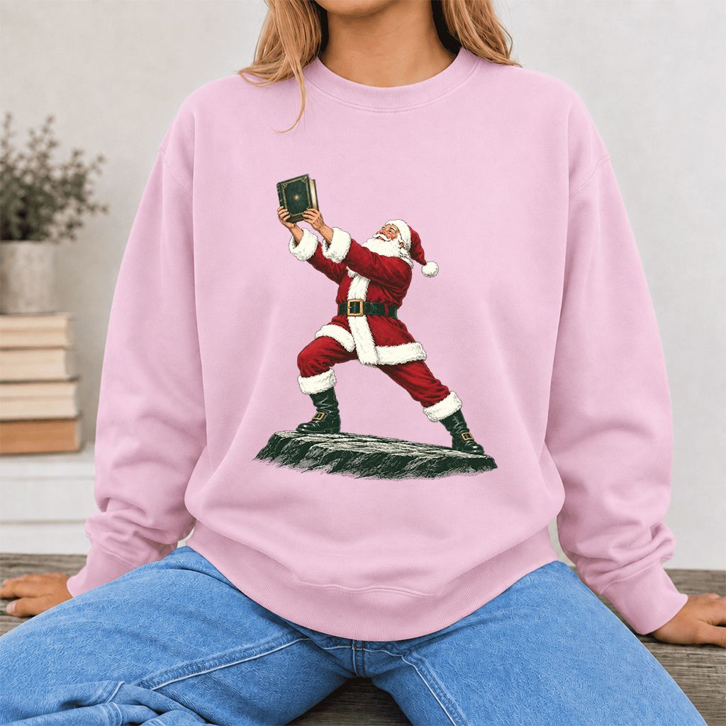 Santa Claus Holding Up A Green Book Printed Sweatshirt | Christmas Gift Light Pink