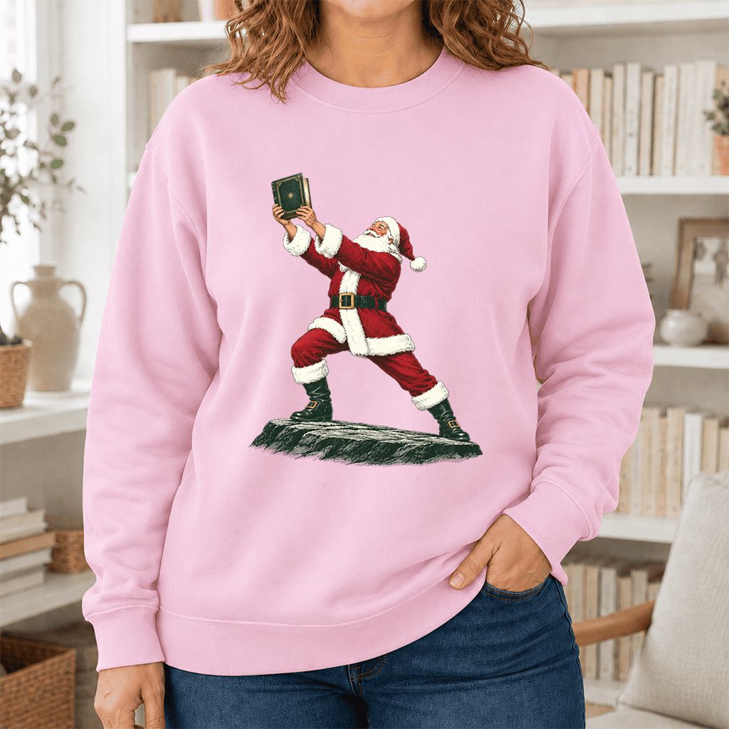 Santa Claus Holding Up A Green Book Printed Sweatshirt | Christmas Gift Light Pink