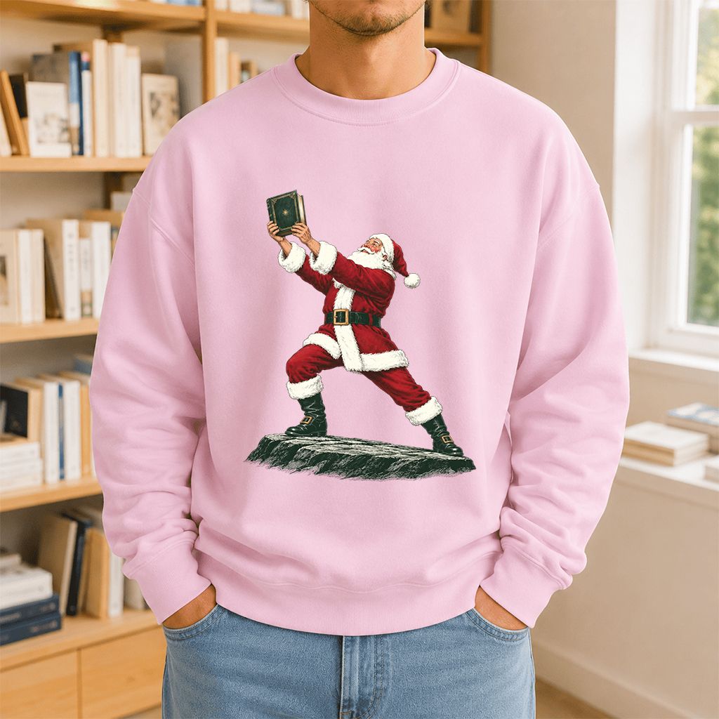 Santa Claus Holding Up A Green Book Printed Sweatshirt | Christmas Gift Light Pink