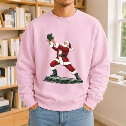Santa Claus Holding Up A Green Book Printed Sweatshirt | Christmas Gift Light Pink