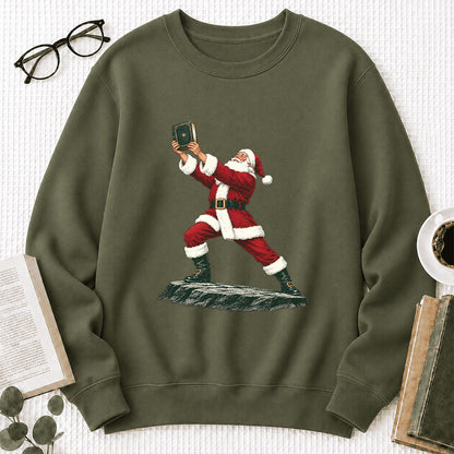 Santa Claus Holding Up A Green Book Printed Sweatshirt | Christmas Gift Military Green