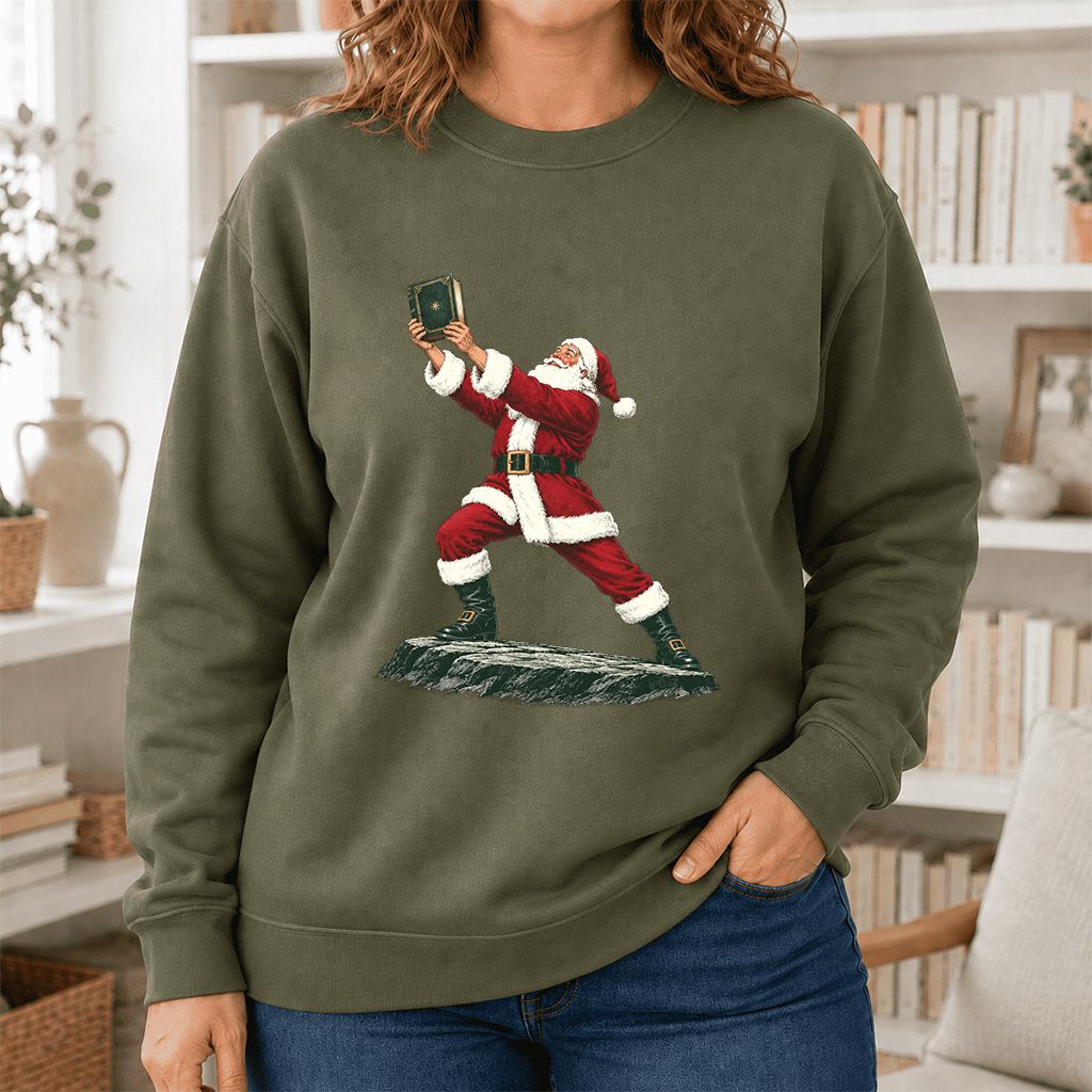 Santa Claus Holding Up A Green Book Printed Sweatshirt | Christmas Gift Military Green