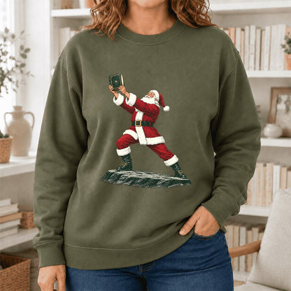 Santa Claus Holding Up A Green Book Printed Sweatshirt | Christmas Gift Military Green