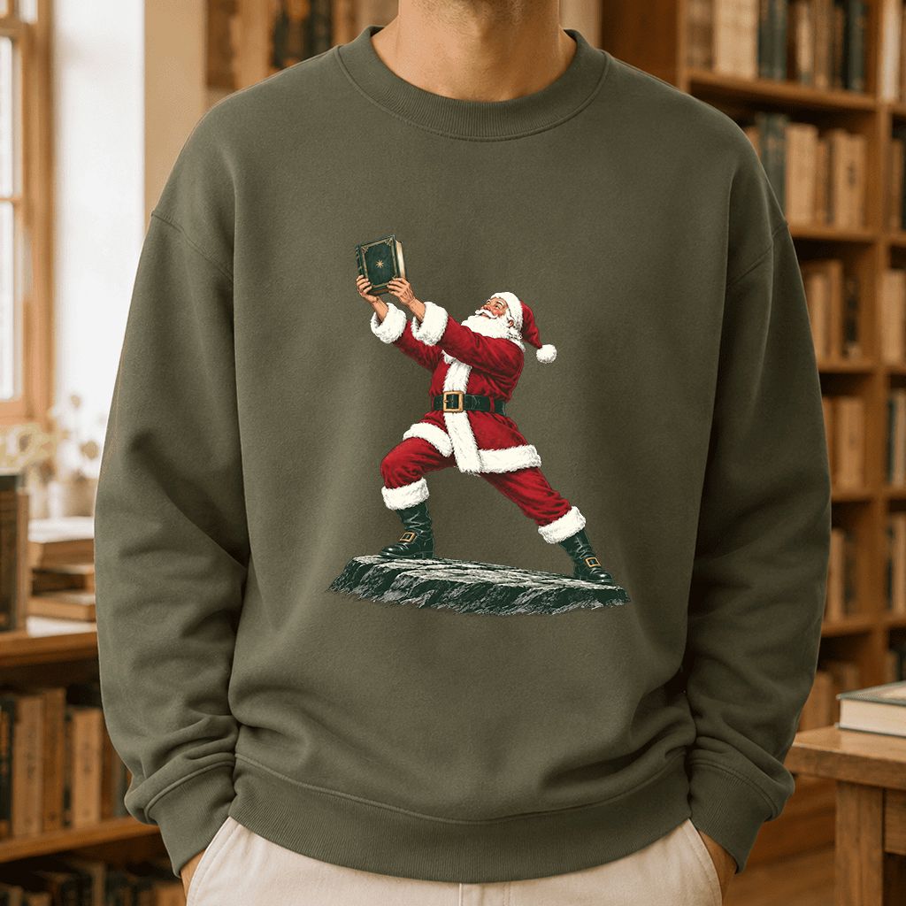 Santa Claus Holding Up A Green Book Printed Sweatshirt | Christmas Gift Military Green