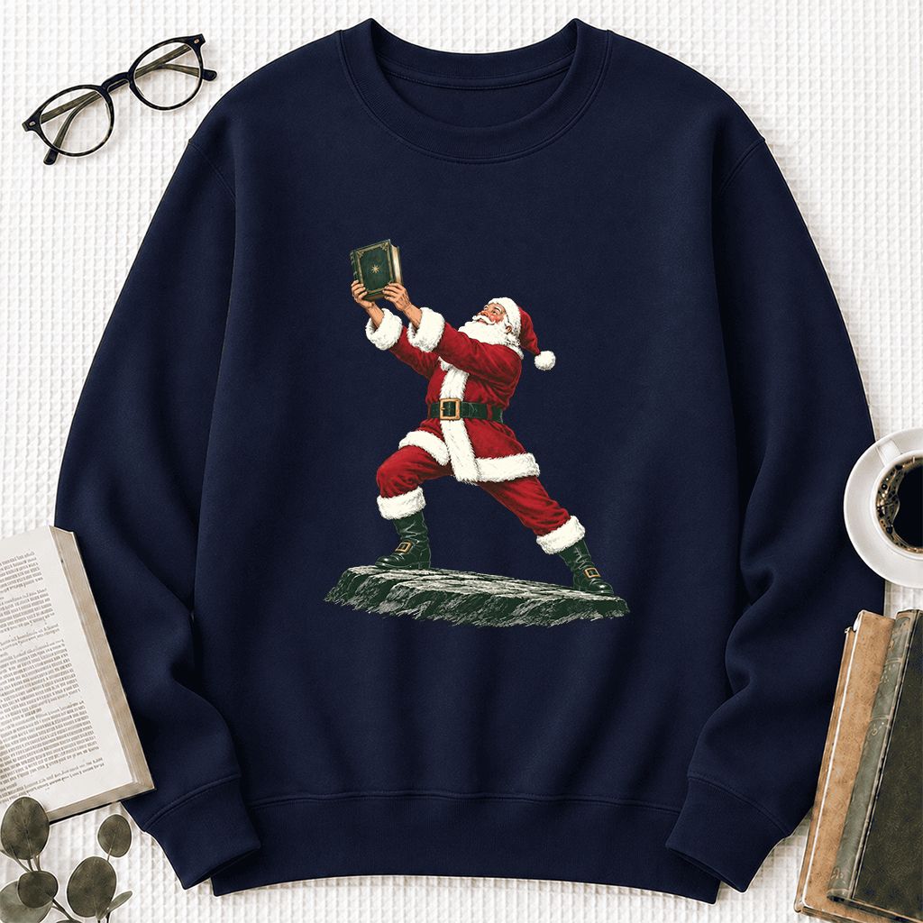 Santa Claus Holding Up A Green Book Printed Sweatshirt | Christmas Gift Navy