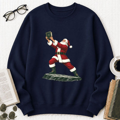 Santa Claus Holding Up A Green Book Printed Sweatshirt | Christmas Gift Navy