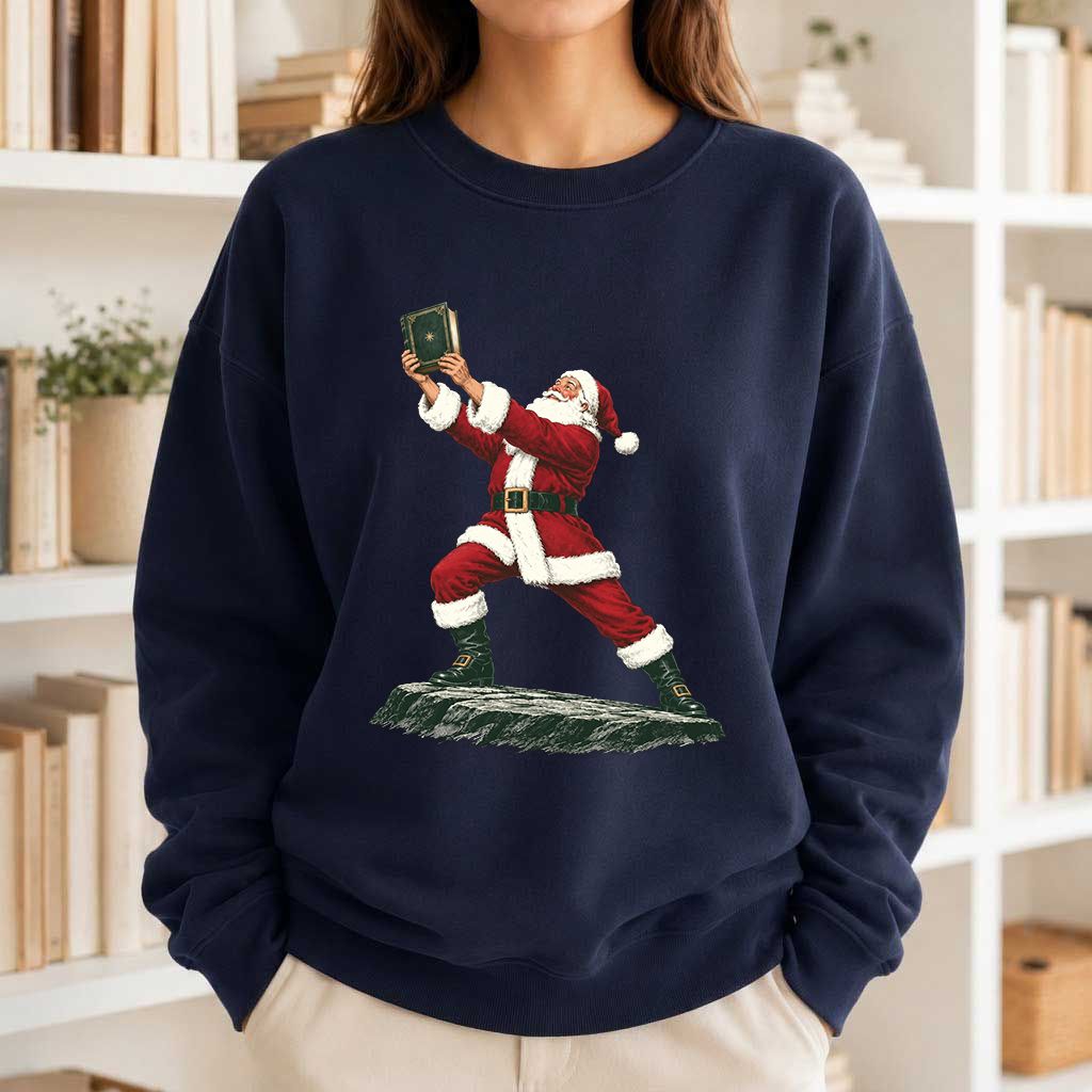 Santa Claus Holding Up A Green Book Printed Sweatshirt | Christmas Gift Navy