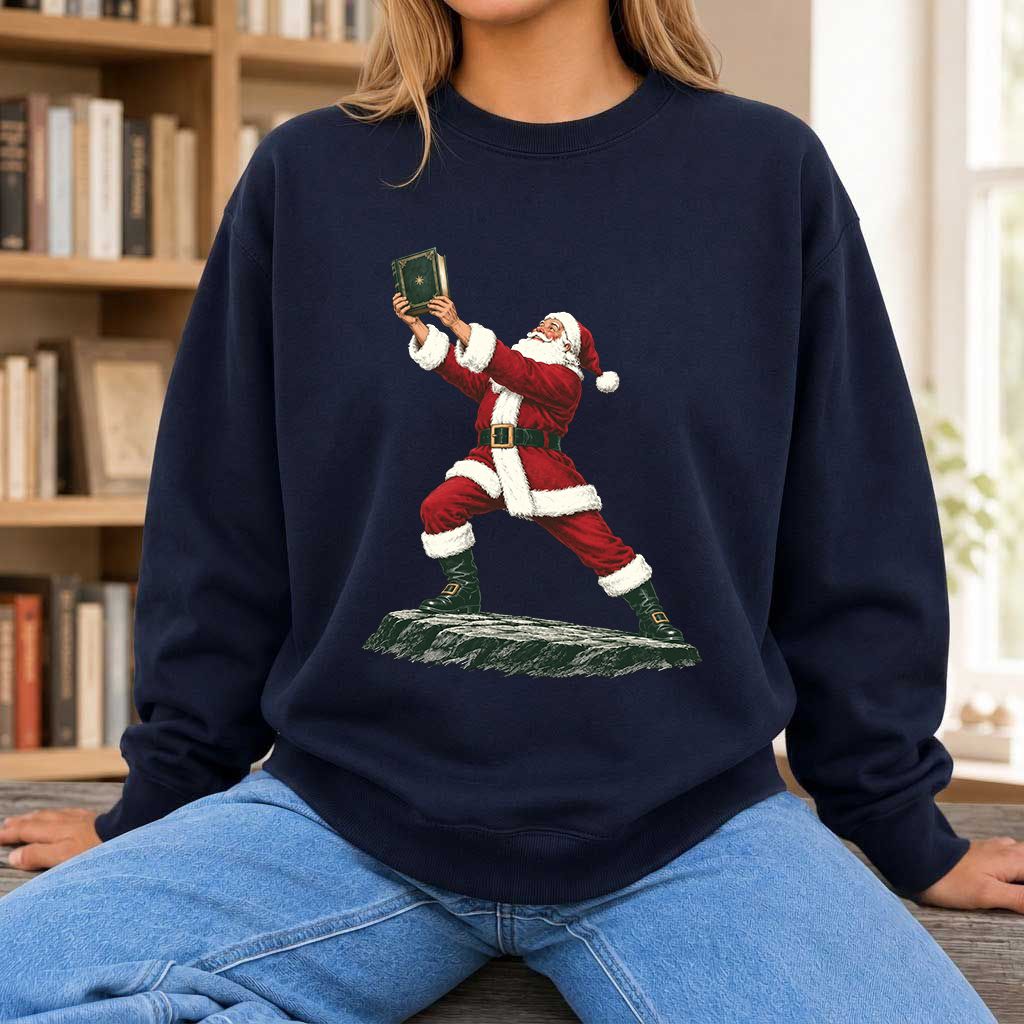 Santa Claus Holding Up A Green Book Printed Sweatshirt | Christmas Gift Navy