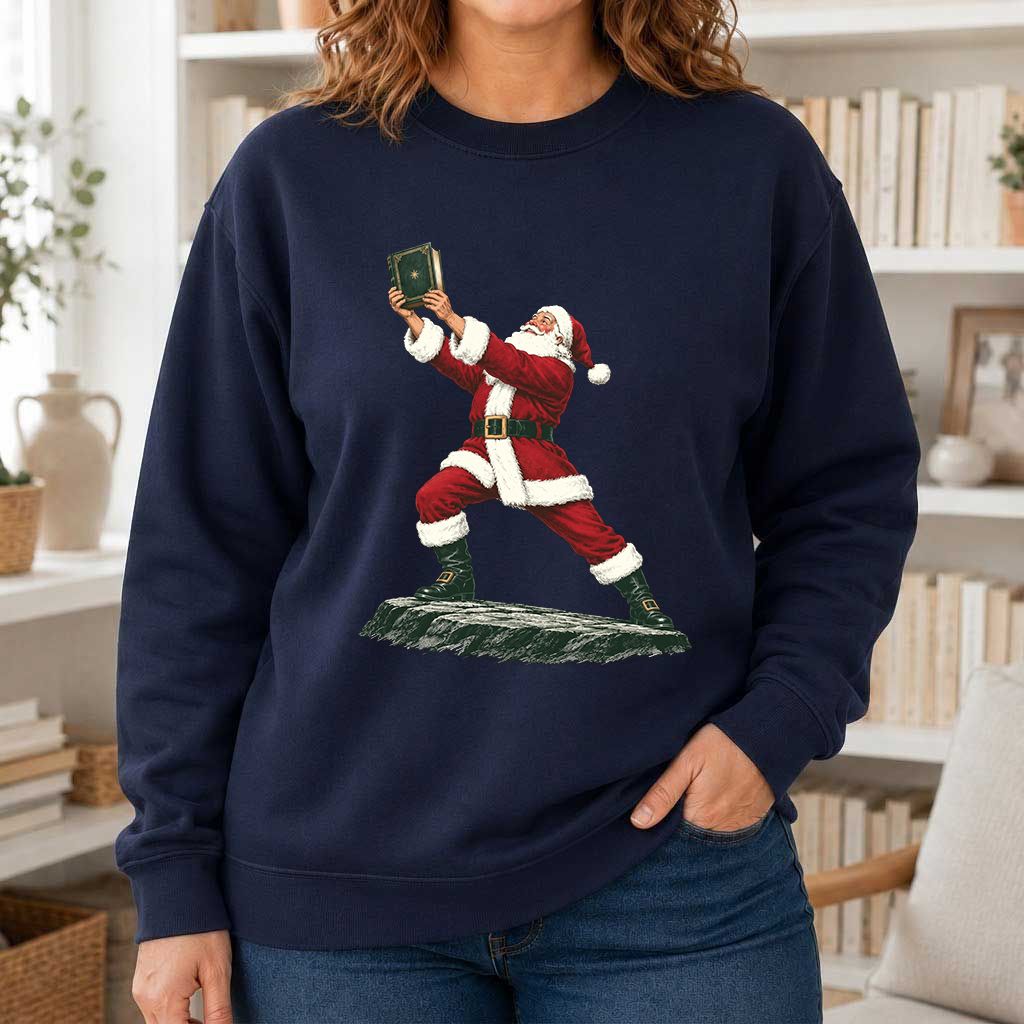 Santa Claus Holding Up A Green Book Printed Sweatshirt | Christmas Gift Navy