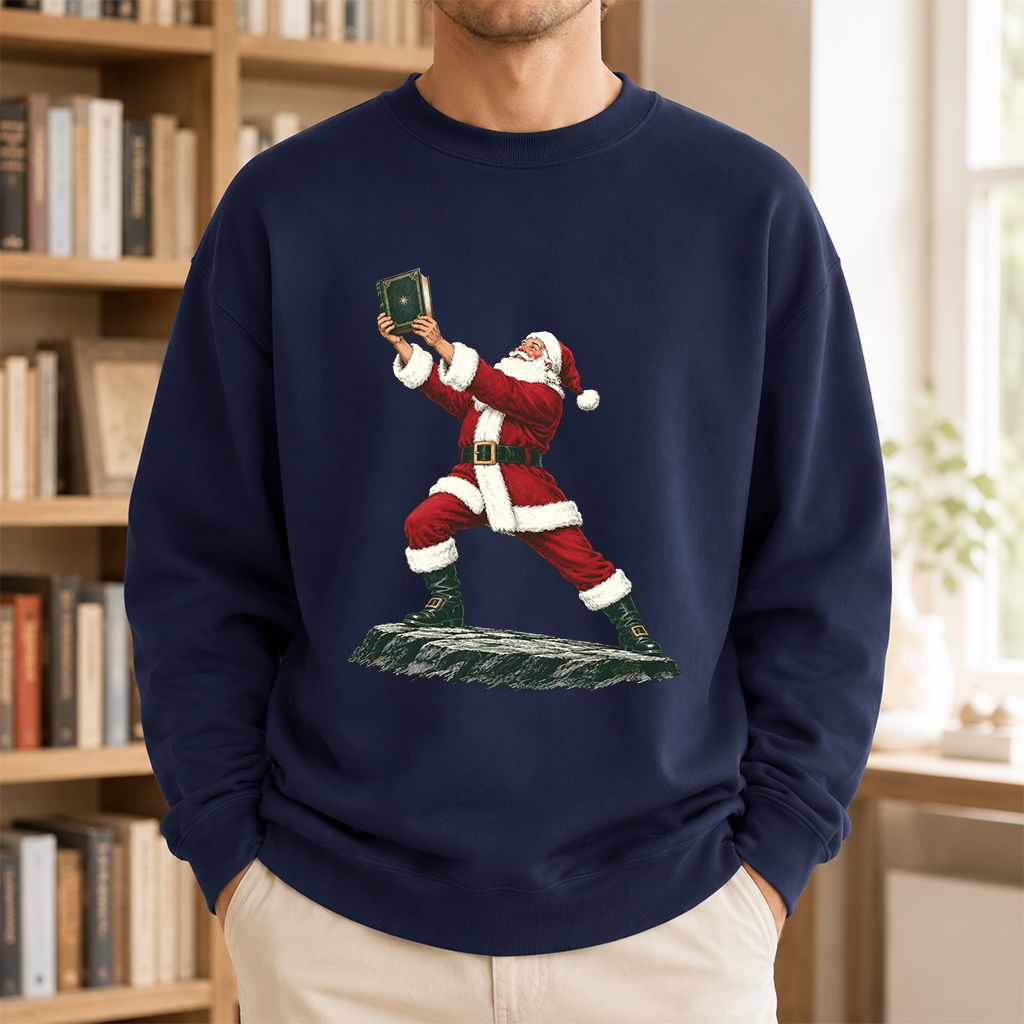 Santa Claus Holding Up A Green Book Printed Sweatshirt | Christmas Gift Navy