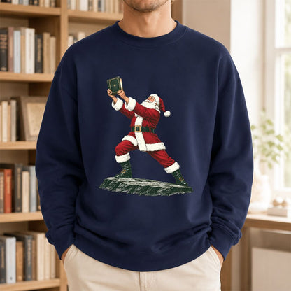 Santa Claus Holding Up A Green Book Printed Sweatshirt | Christmas Gift Navy