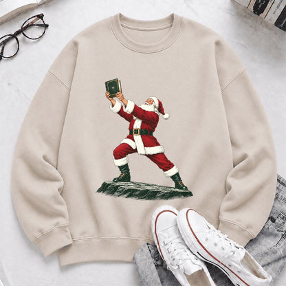 Santa Claus Holding Up A Green Book Printed Sweatshirt | Christmas Gift Sand