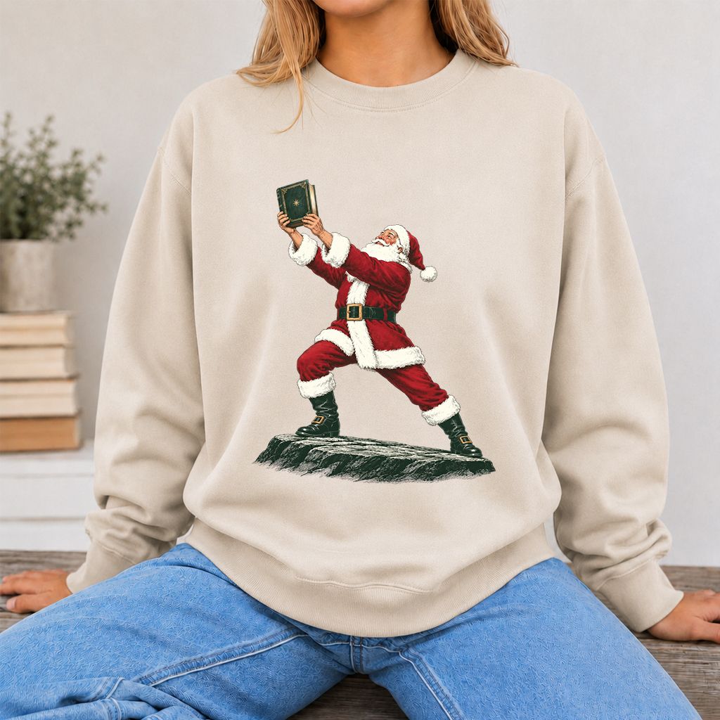 Santa Claus Holding Up A Green Book Printed Sweatshirt | Christmas Gift Sand