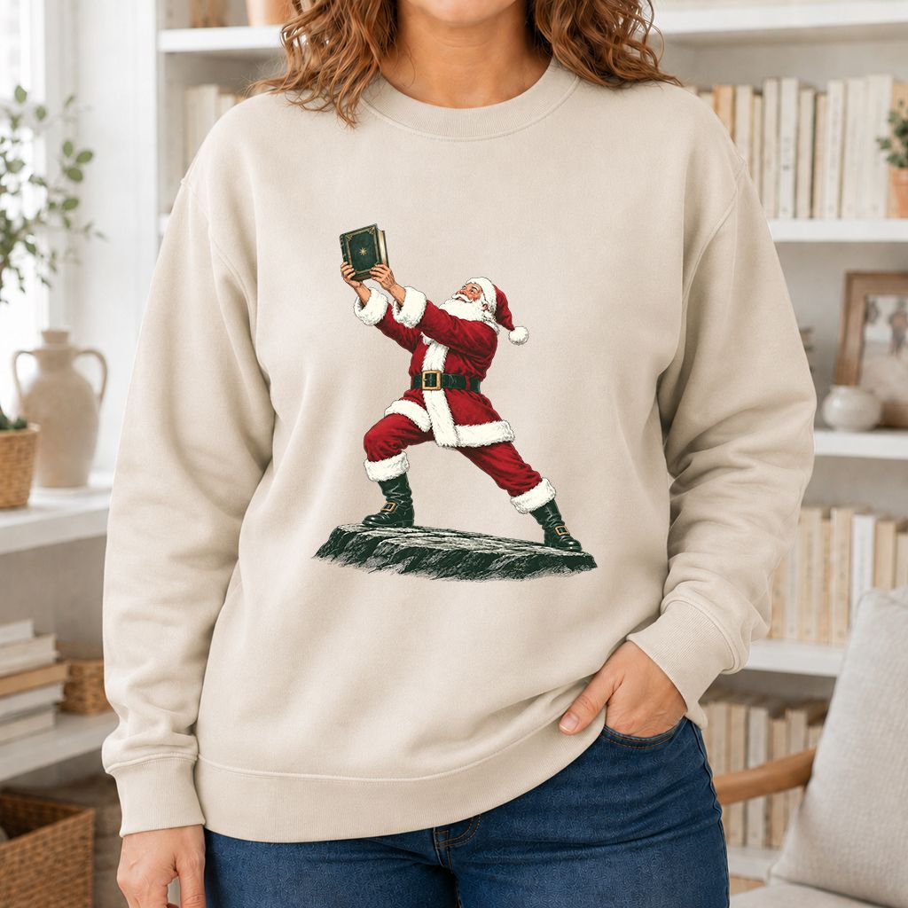Santa Claus Holding Up A Green Book Printed Sweatshirt | Christmas Gift Sand