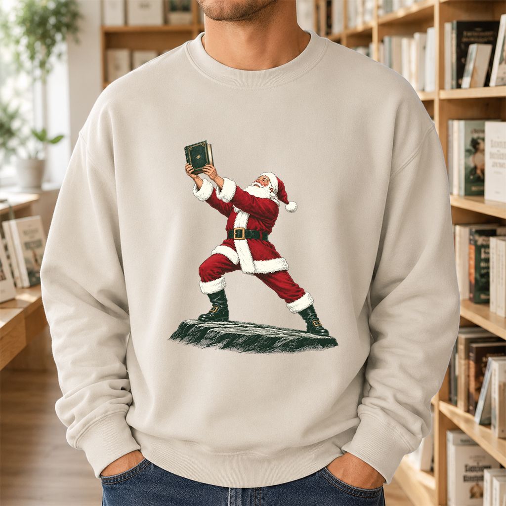 Santa Claus Holding Up A Green Book Printed Sweatshirt | Christmas Gift Sand