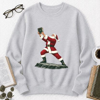 Santa Claus Holding Up A Green Book Printed Sweatshirt | Christmas Gift Sport Grey