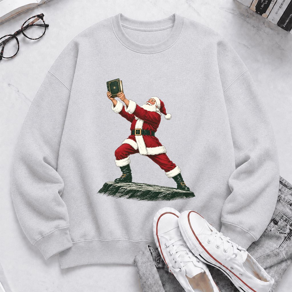 Santa Claus Holding Up A Green Book Printed Sweatshirt | Christmas Gift Sport Grey