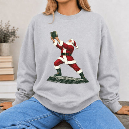 Santa Claus Holding Up A Green Book Printed Sweatshirt | Christmas Gift Sport Grey