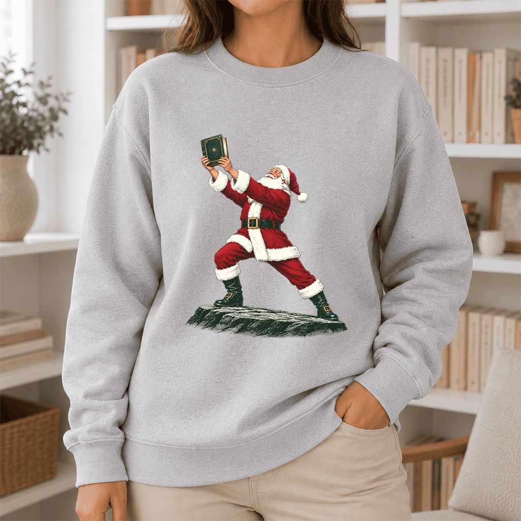 Santa Claus Holding Up A Green Book Printed Sweatshirt | Christmas Gift Sport Grey