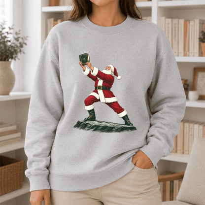 Santa Claus Holding Up A Green Book Printed Sweatshirt | Christmas Gift Sport Grey