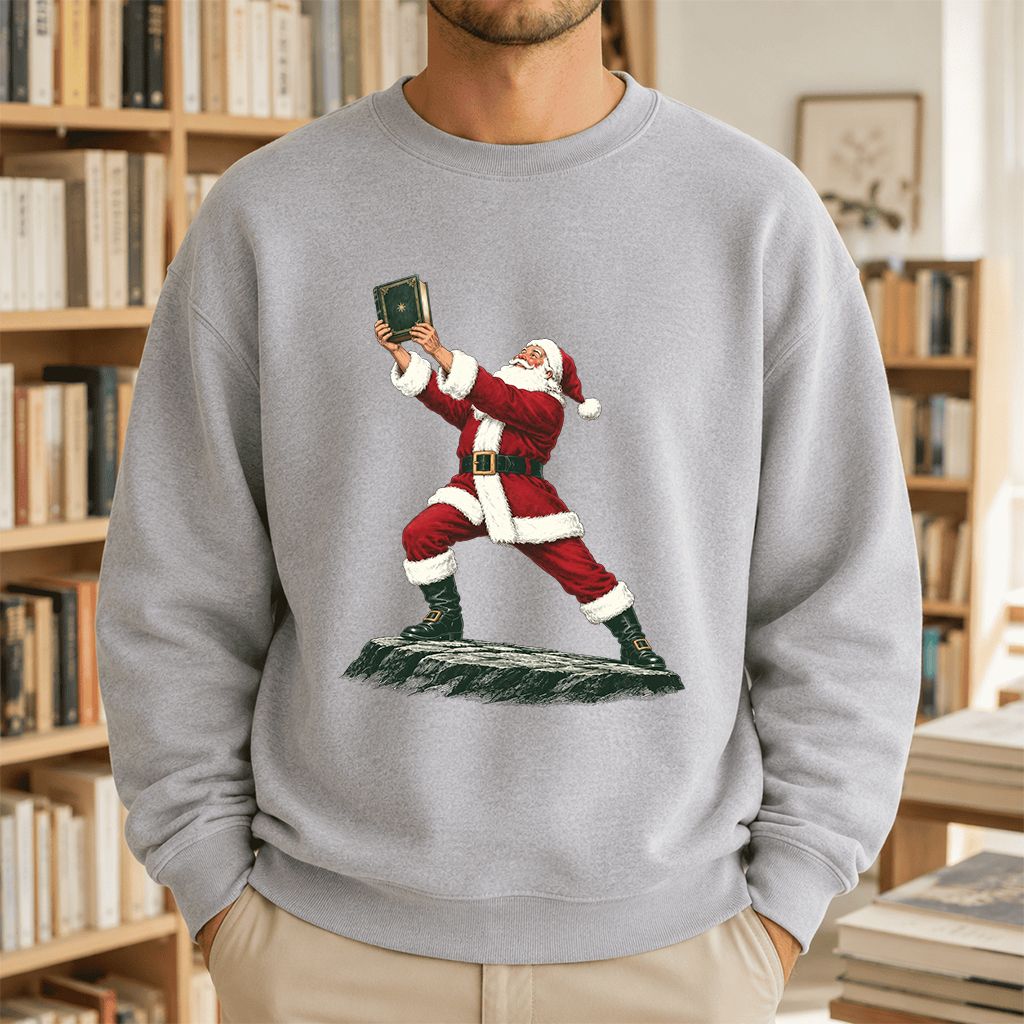 Santa Claus Holding Up A Green Book Printed Sweatshirt | Christmas Gift Sport Grey