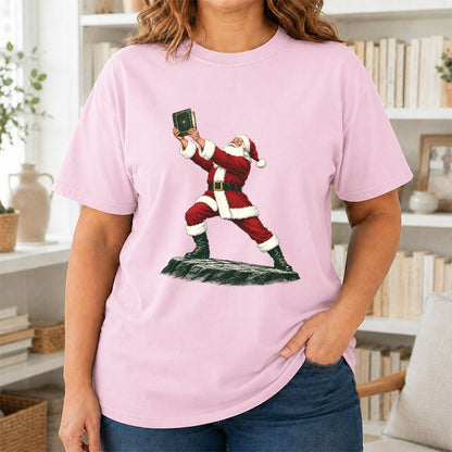 Santa Claus Holding Up A Green Book Printed T-Shirt | Christmas Gift Light Pink