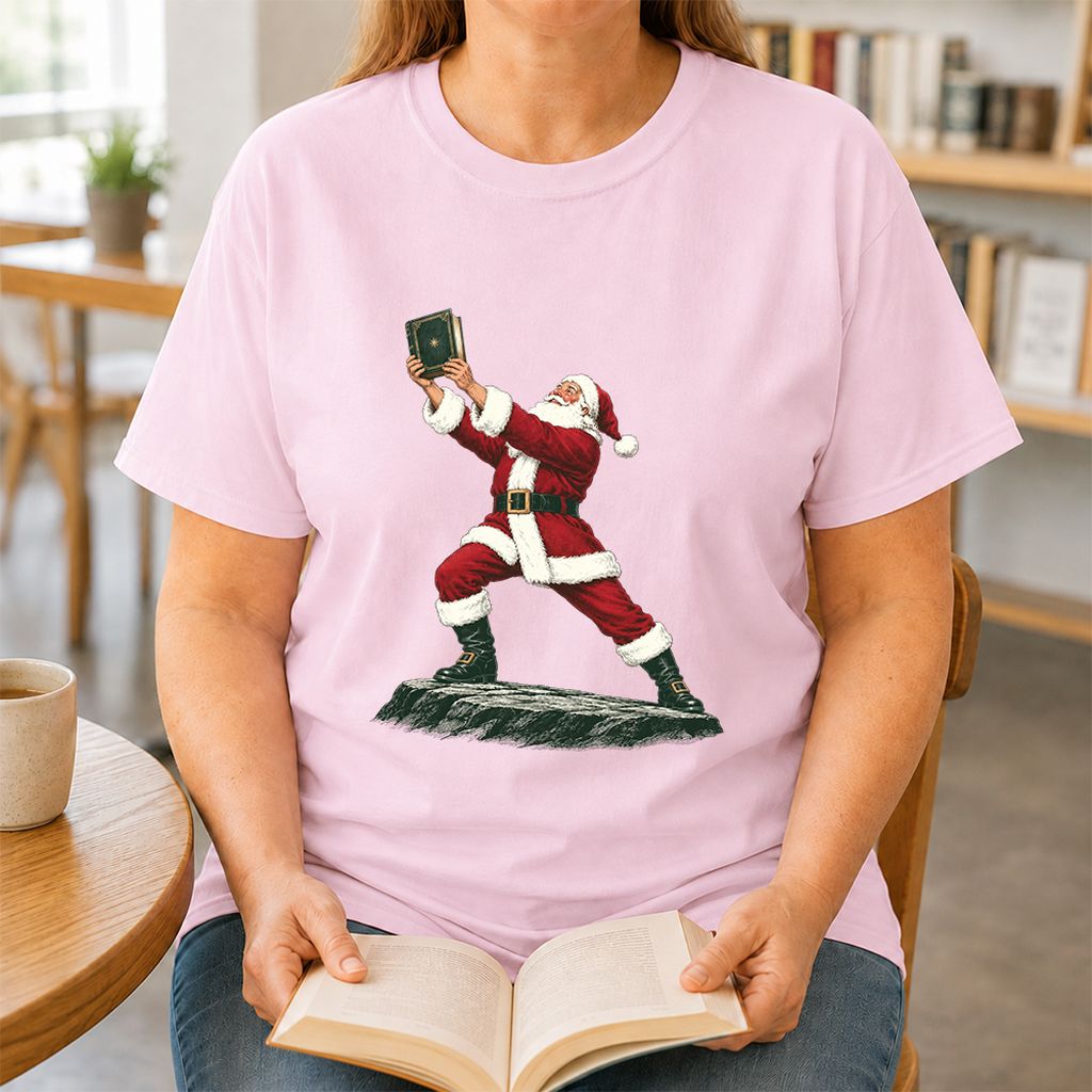 Santa Claus Holding Up A Green Book Printed T-Shirt | Christmas Gift Light Pink