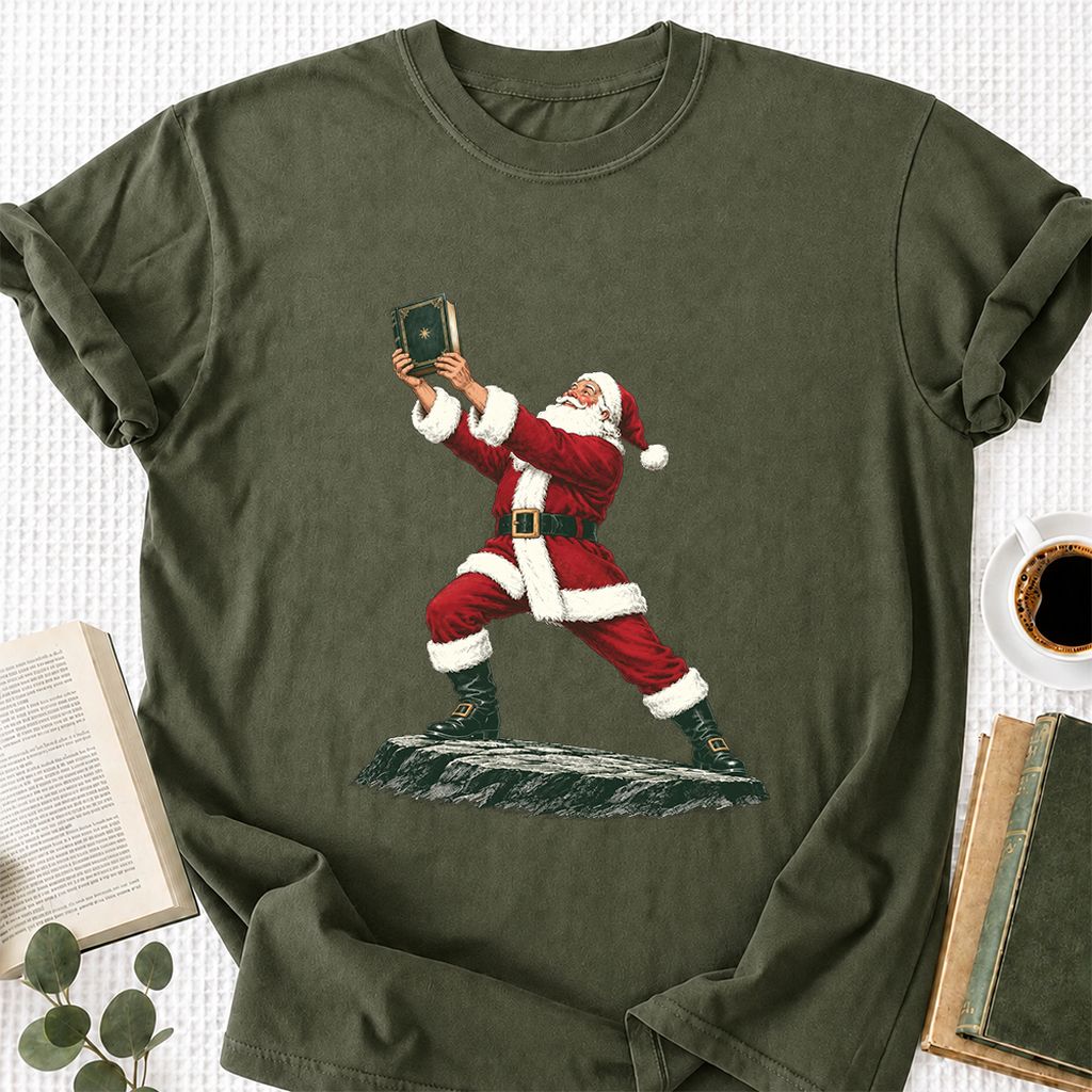 Santa Claus Holding Up A Green Book Printed T-Shirt | Christmas Gift Military Green