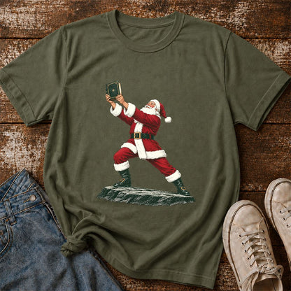 Santa Claus Holding Up A Green Book Printed T-Shirt | Christmas Gift Military Green