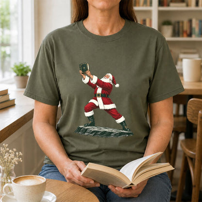 Santa Claus Holding Up A Green Book Printed T-Shirt | Christmas Gift Military Green