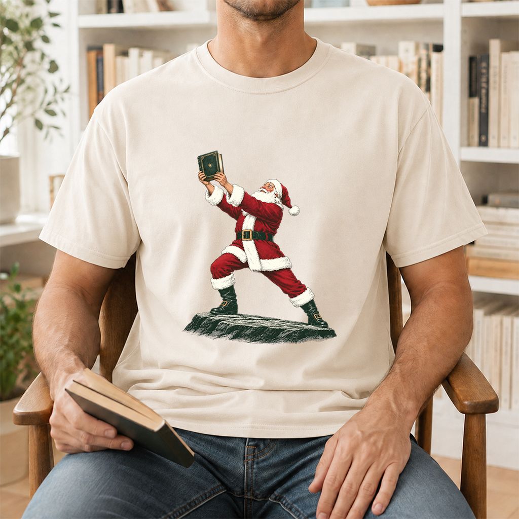 Santa Claus Holding Up A Green Book Printed T-Shirt | Christmas Gift Natural