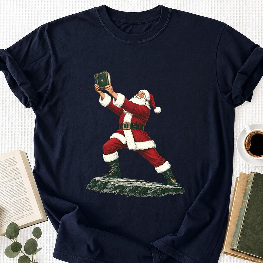 Santa Claus Holding Up A Green Book Printed T-Shirt | Christmas Gift Navy