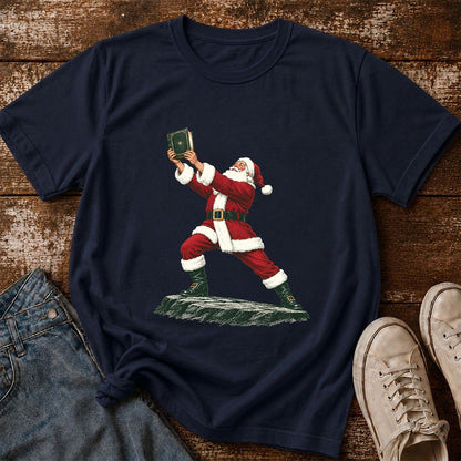 Santa Claus Holding Up A Green Book Printed T-Shirt | Christmas Gift Navy