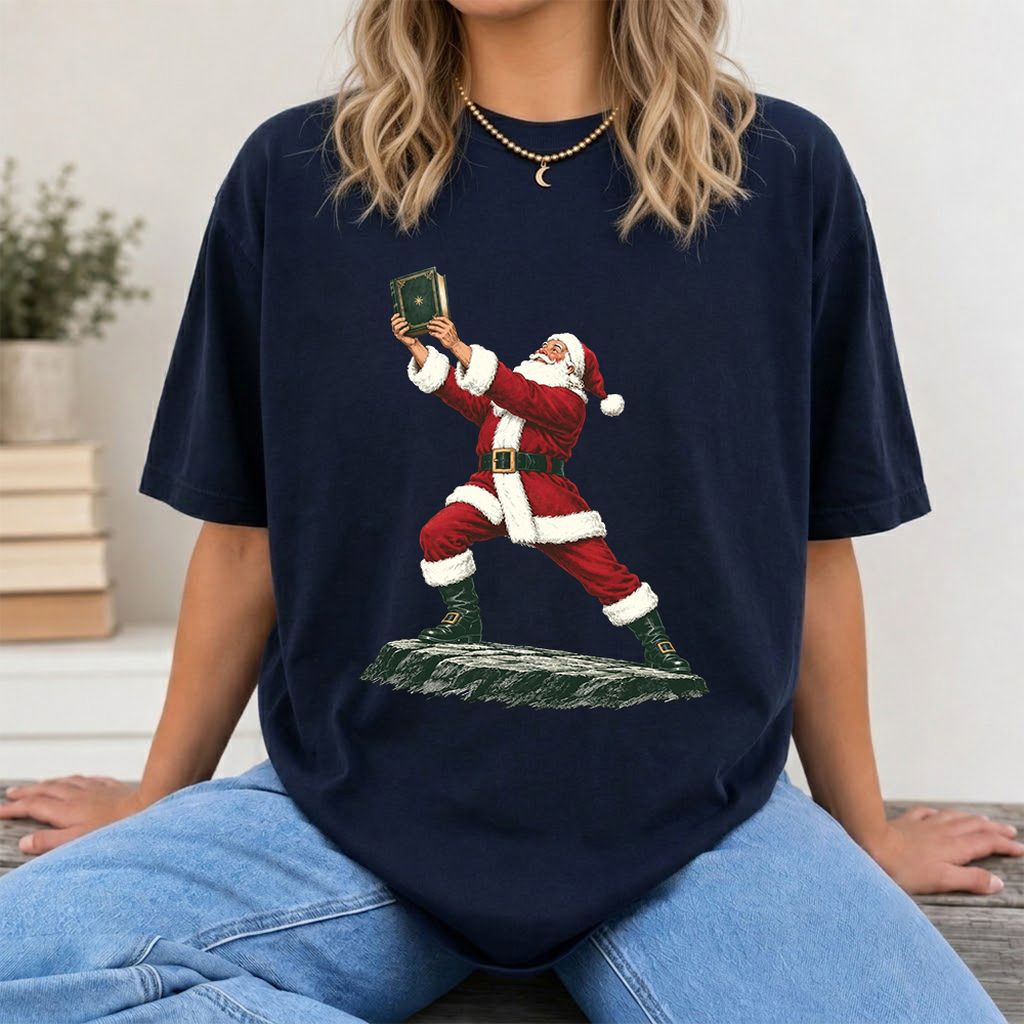 Santa Claus Holding Up A Green Book Printed T-Shirt | Christmas Gift Navy