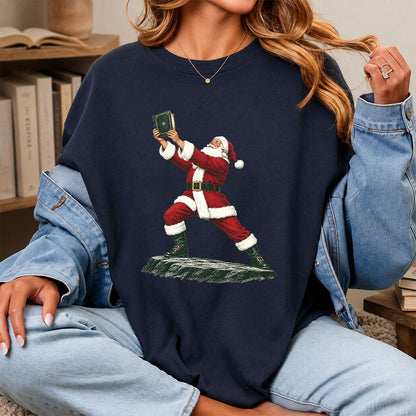 Santa Claus Holding Up A Green Book Printed T-Shirt | Christmas Gift Navy