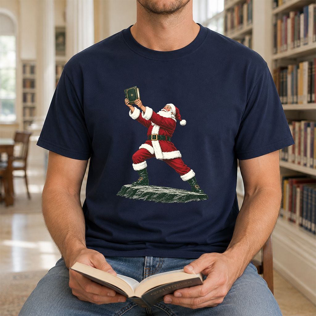 Santa Claus Holding Up A Green Book Printed T-Shirt | Christmas Gift Navy
