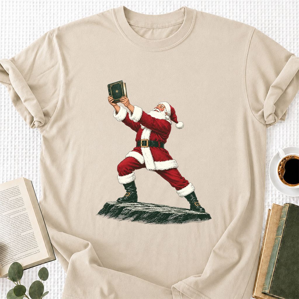 Santa Claus Holding Up A Green Book Printed T-Shirt | Christmas Gift Sand