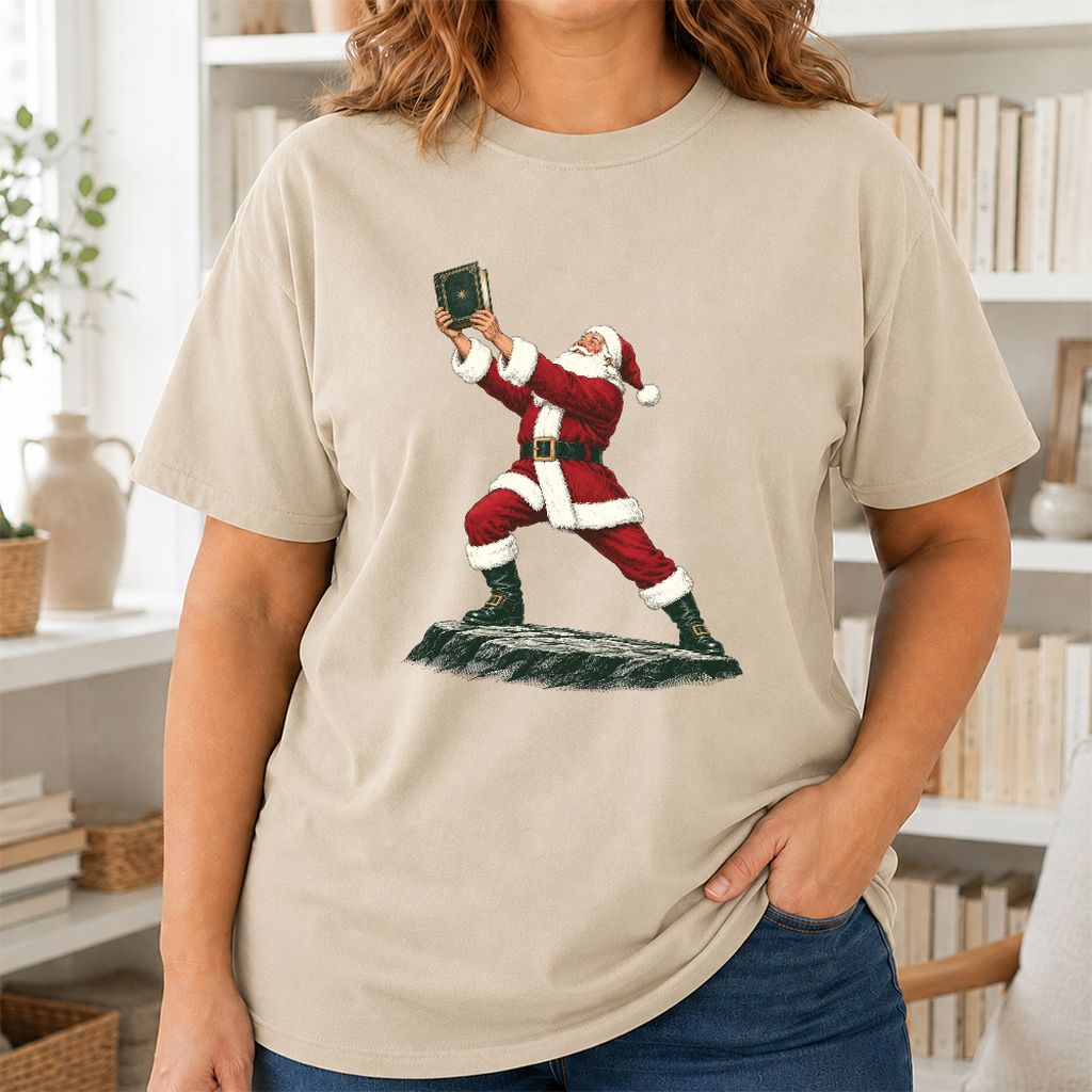 Santa Claus Holding Up A Green Book Printed T-Shirt | Christmas Gift Sand