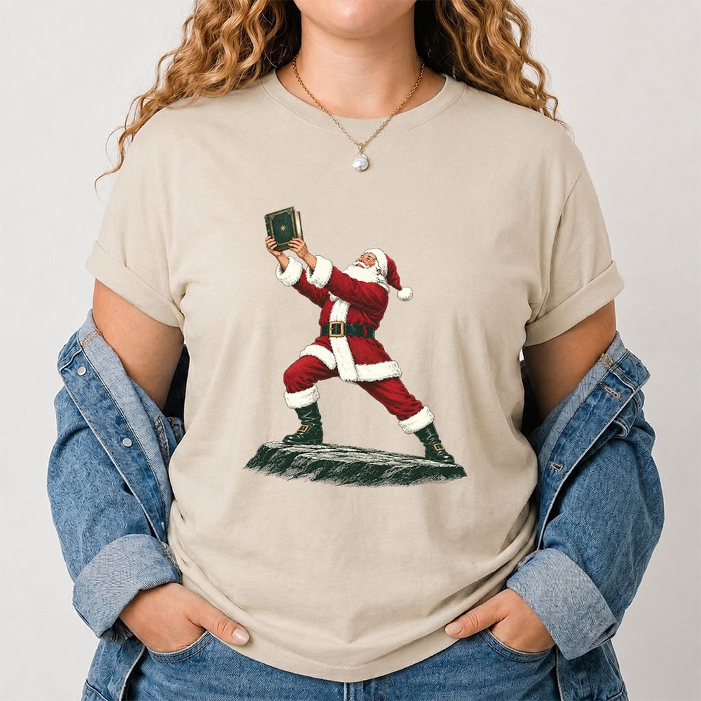 Santa Claus Holding Up A Green Book Printed T-Shirt | Christmas Gift Sand