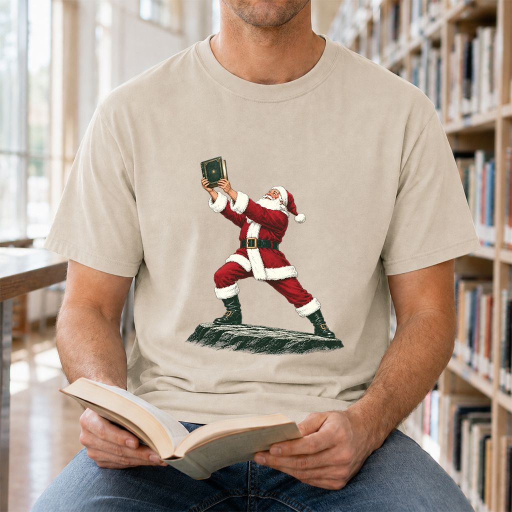 Santa Claus Holding Up A Green Book Printed T-Shirt | Christmas Gift Sand