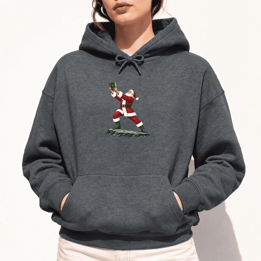 Santa Claus Holding Up A Green Book Softstyle Hoodie | Christmas Gift Dark Heather