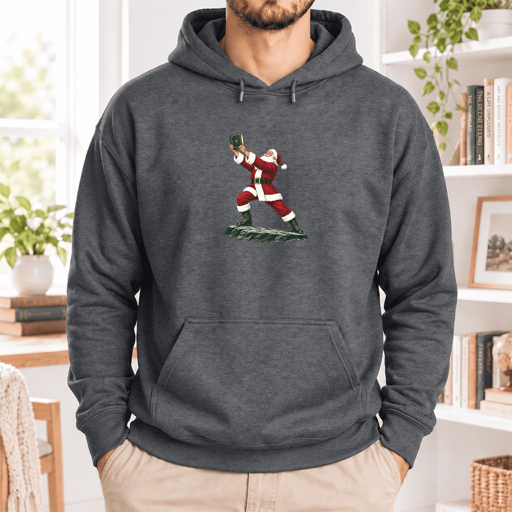 Santa Claus Holding Up A Green Book Softstyle Hoodie | Christmas Gift Dark Heather
