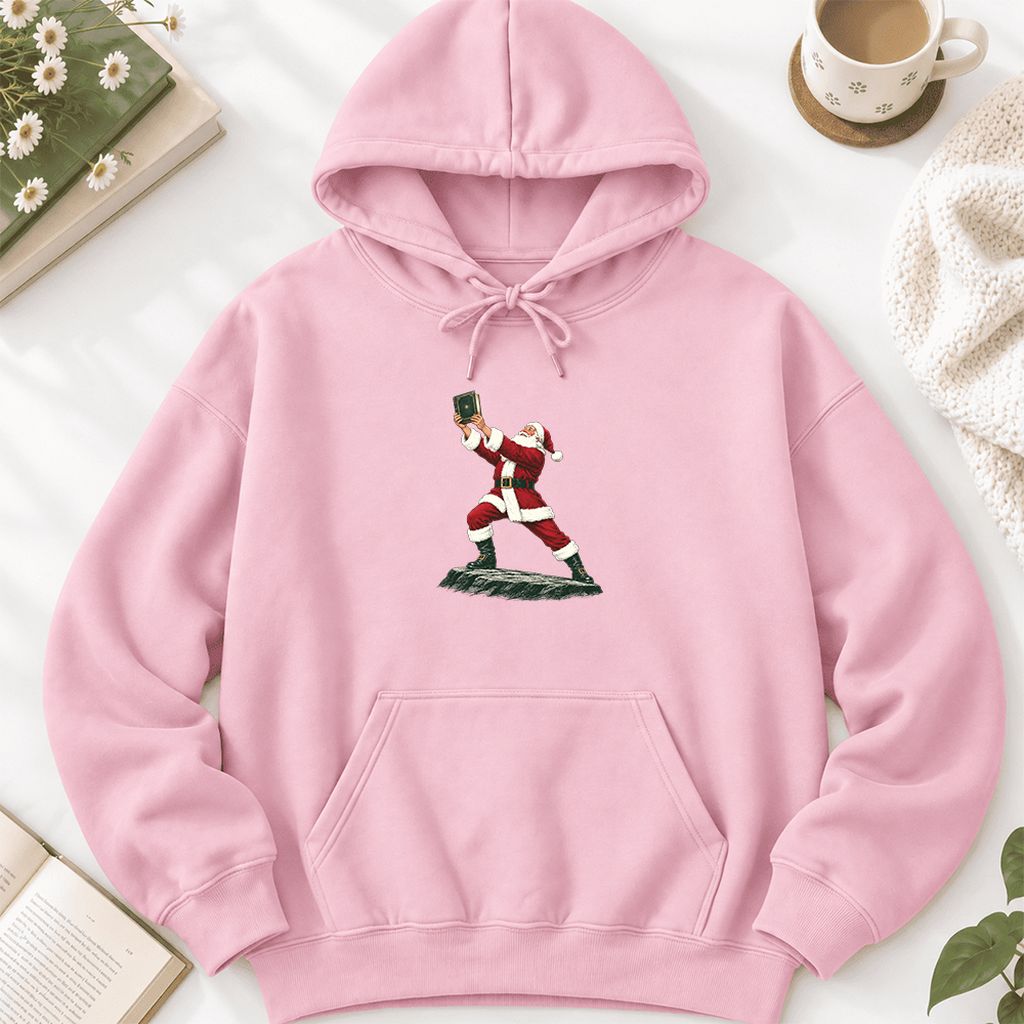 Santa Claus Holding Up A Green Book Softstyle Hoodie | Christmas Gift Light Pink