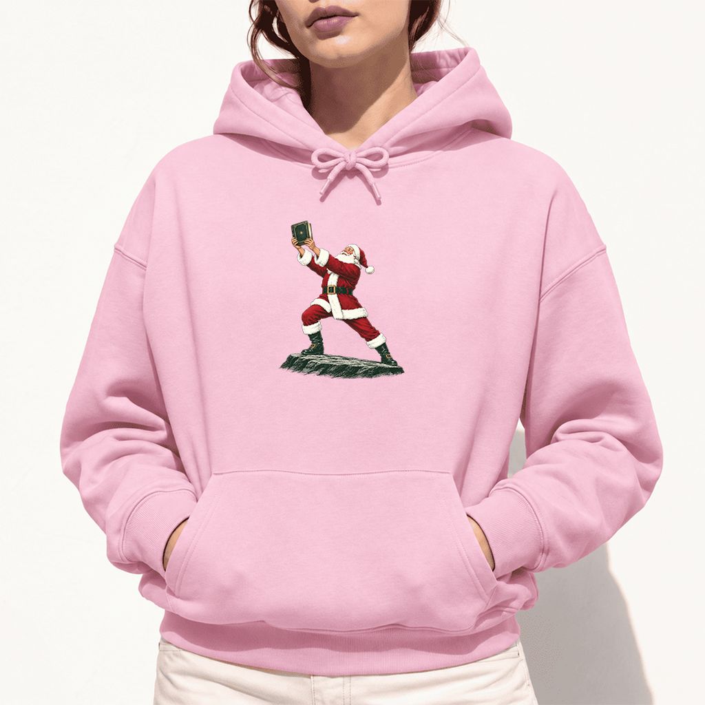 Santa Claus Holding Up A Green Book Softstyle Hoodie | Christmas Gift Light Pink