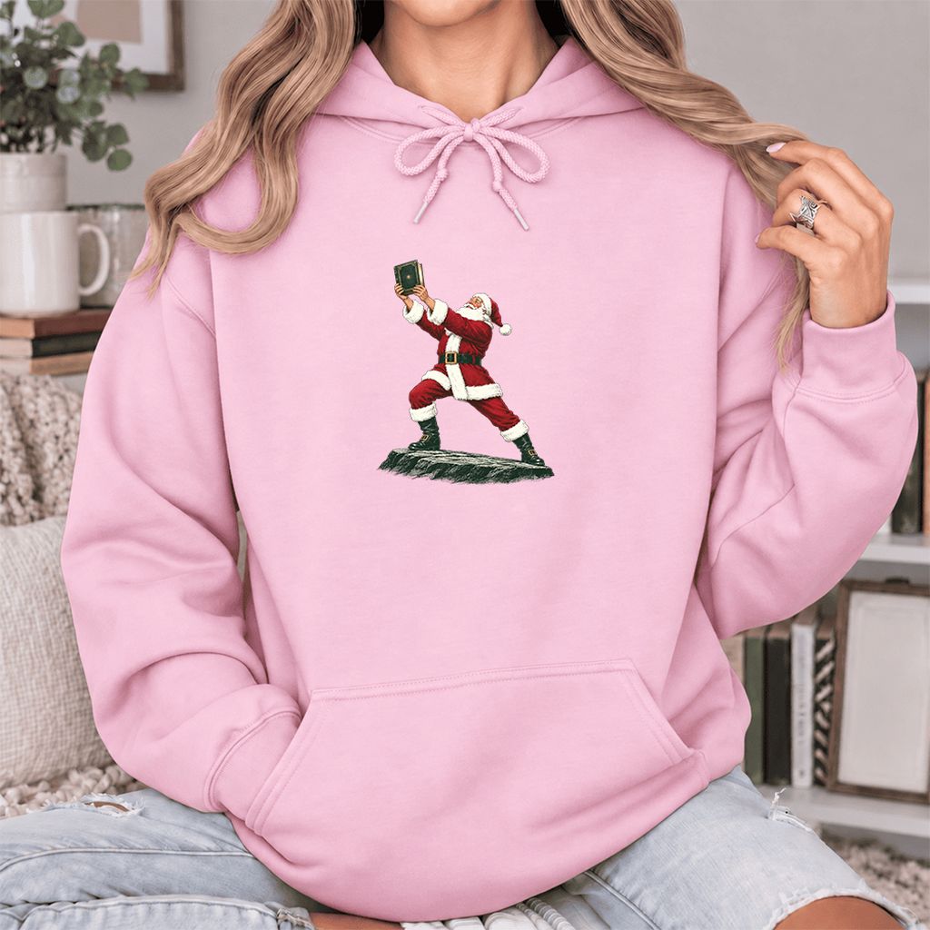 Santa Claus Holding Up A Green Book Softstyle Hoodie | Christmas Gift Light Pink