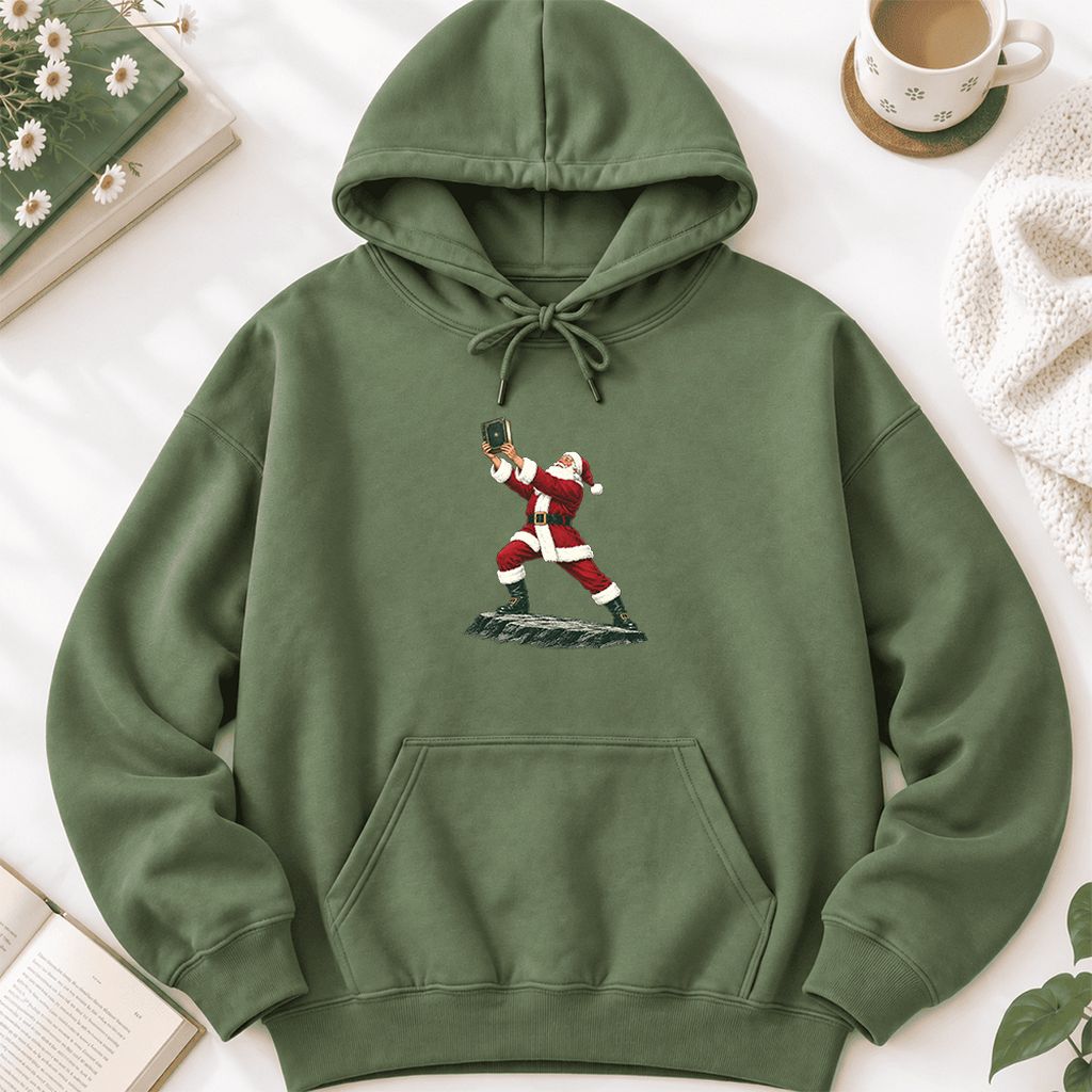 Santa Claus Holding Up A Green Book Softstyle Hoodie | Christmas Gift Military Green