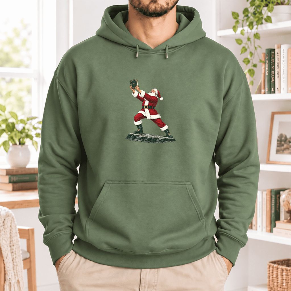 Santa Claus Holding Up A Green Book Softstyle Hoodie | Christmas Gift Military Green