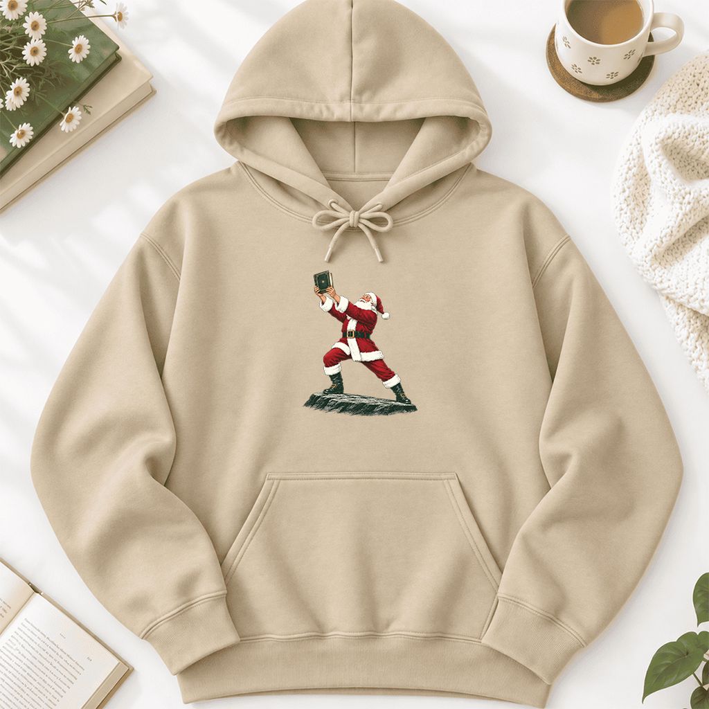Santa Claus Holding Up A Green Book Softstyle Hoodie | Christmas Gift Sand