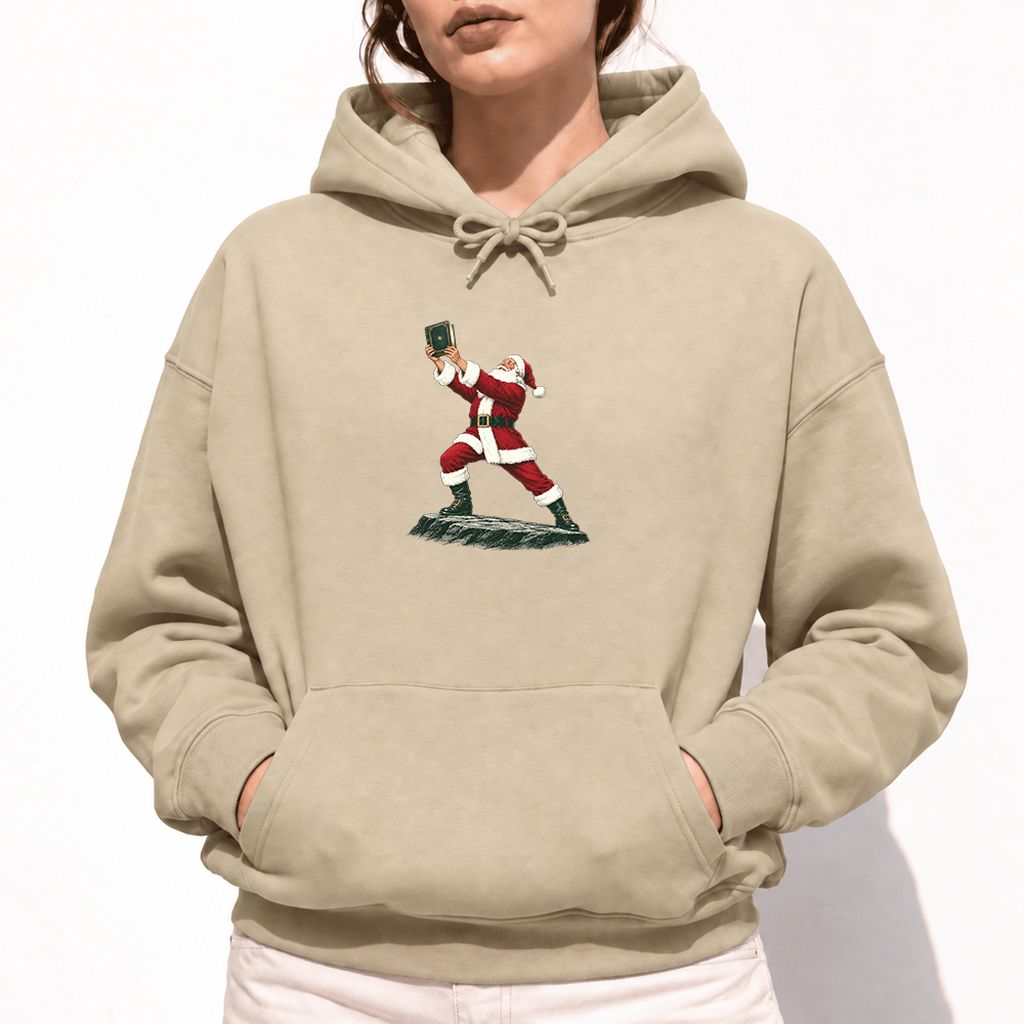 Santa Claus Holding Up A Green Book Softstyle Hoodie | Christmas Gift Sand